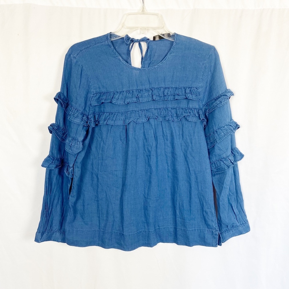 J Crew blue chambray ruffle detail top S